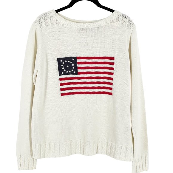 Vintage Sweaters - Vintage 80s American Flag Intarsia Cotton Long Sleeve Crew Pullover Sweater S